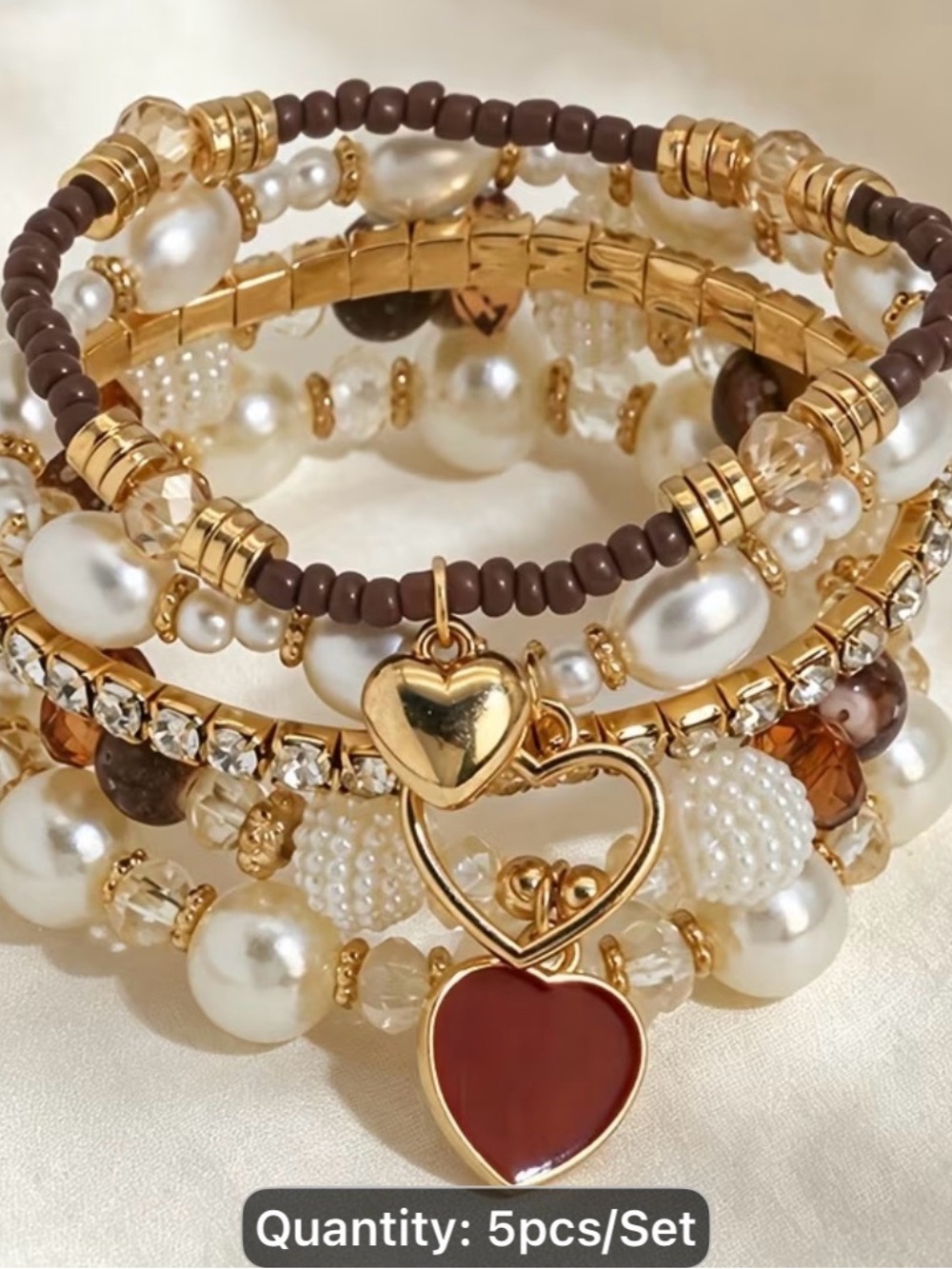 5pcs Set Gold Pearl & Brown Heart Charm Bracelet - Women Jewelry